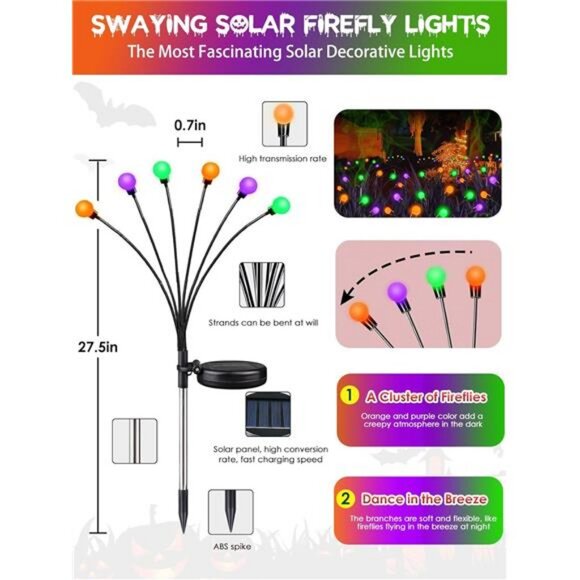 6 Pack Halloween Decorations Outdoor Solar Pathway Lights, Solar Firefly Lights - Picture 3 of 7